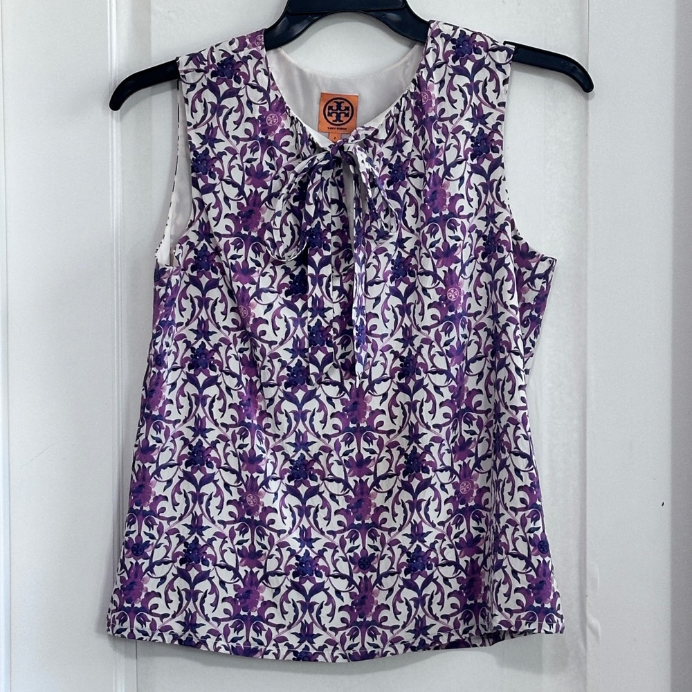 Tory Burch Floral Silk Blend Sleeveless Bow Neck‎ Top Womens Size 8 Purple White